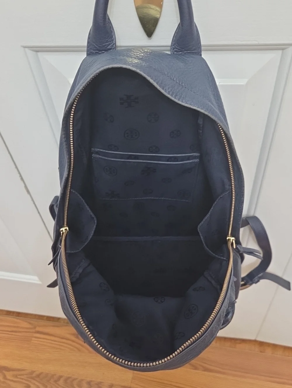 Tory Burch Navy Blue Logo Pebbled Leather Backpack